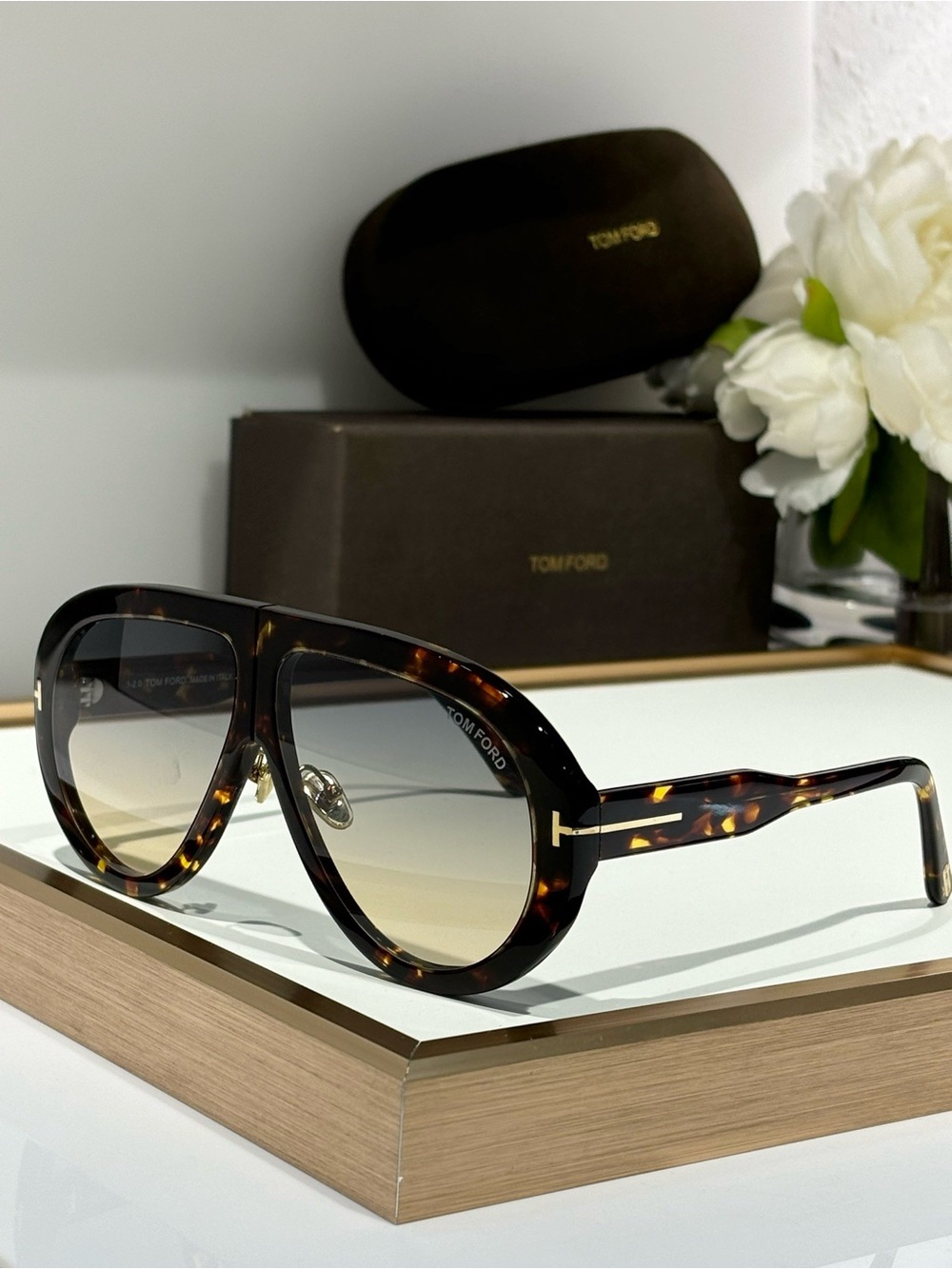 Tom Ford Men’s Tortoiseshell Acetate Sunglasses with Gradient Brown-Gold Accents
